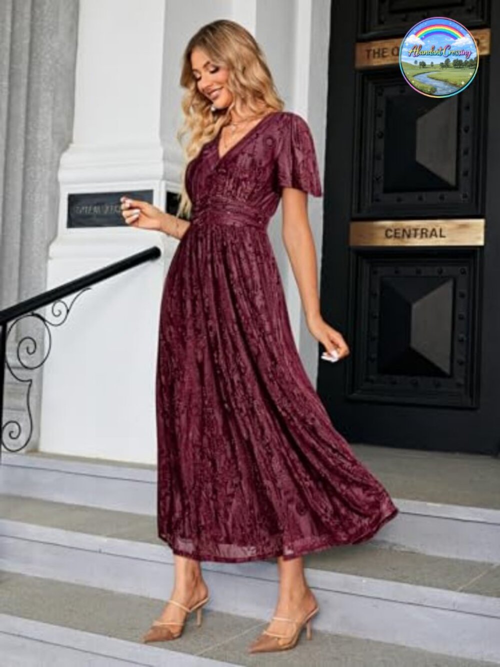 Women's V-Neck Velvet Maxi Dress Empire Waist Long Formal